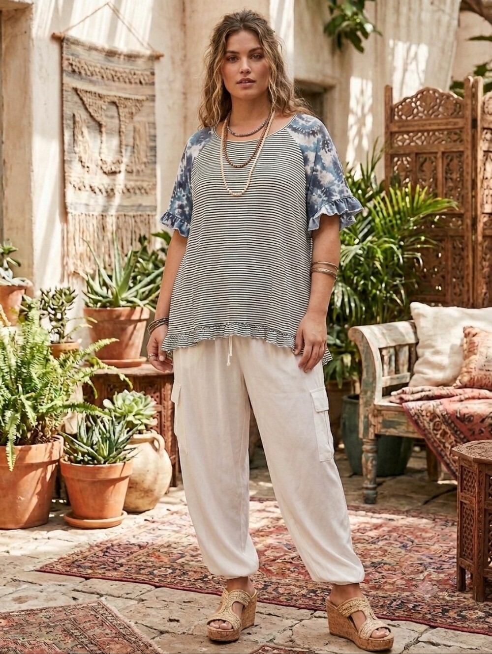 Cato Striped Raglan Top with Blue Tie-Dye Ruffle Sleeves